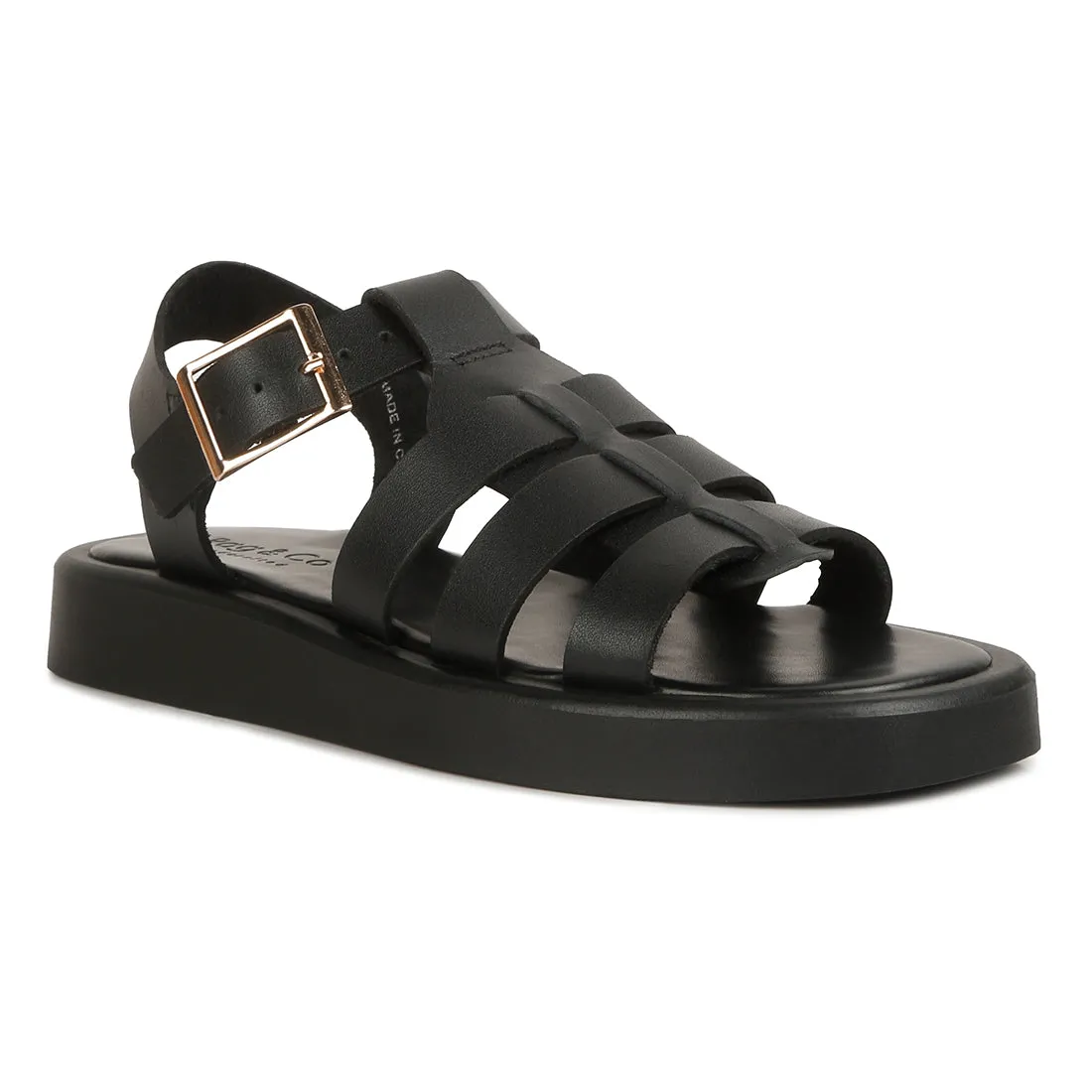 Black Genuine Leather Gladiator Flatform Sandals