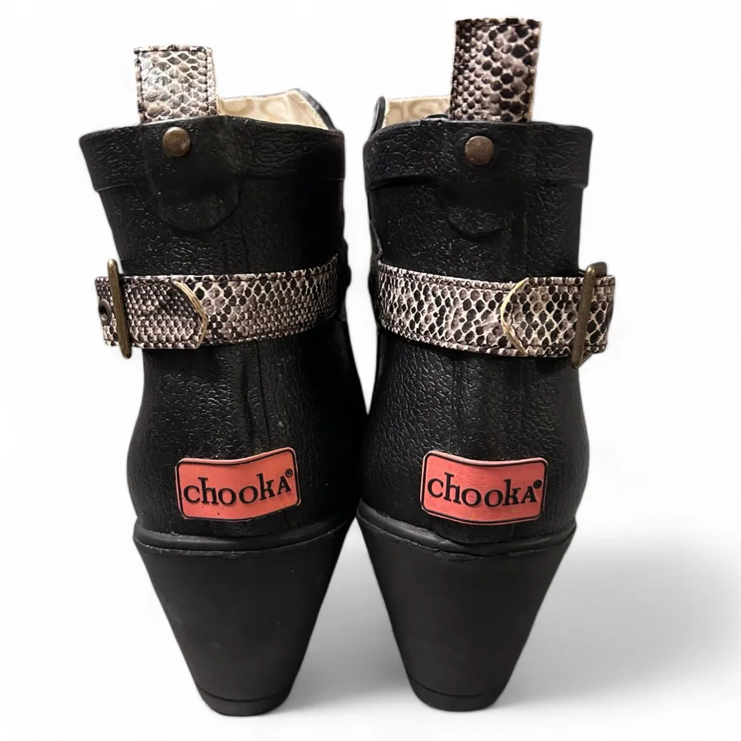 Black Wedge Rain Boots with Snake Print Strap Waterproof Ankle Booties