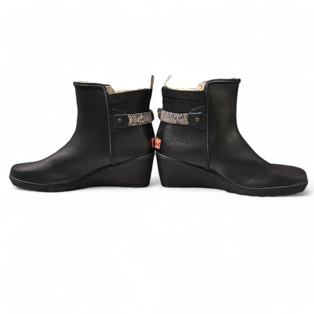 Black Wedge Rain Boots with Snake Print Strap Waterproof Ankle Booties