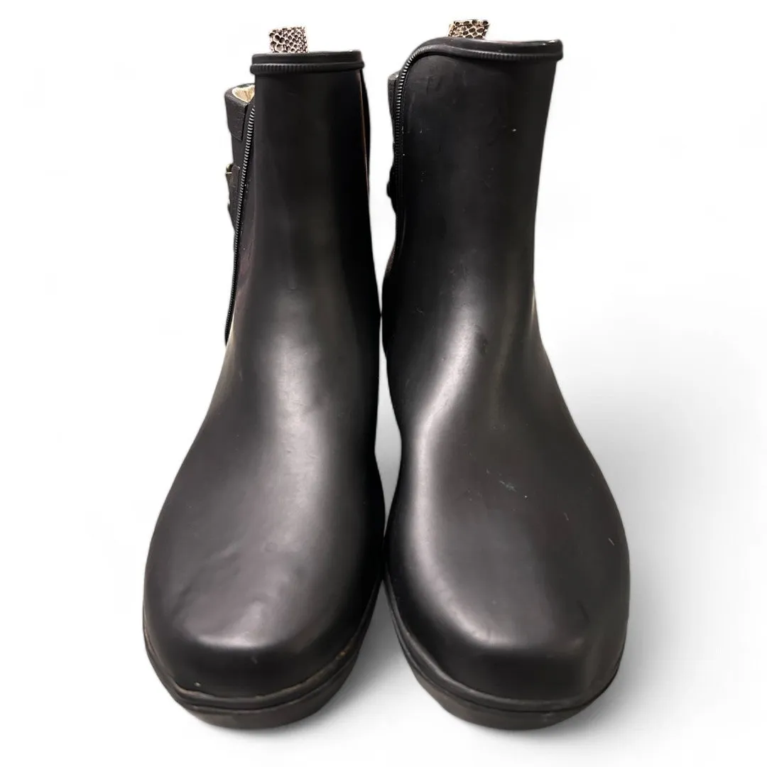 Black Wedge Rain Boots with Snake Print Strap Waterproof Ankle Booties