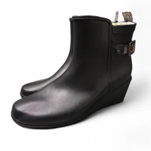 Black Wedge Rain Boots with Snake Print Strap Waterproof Ankle Booties