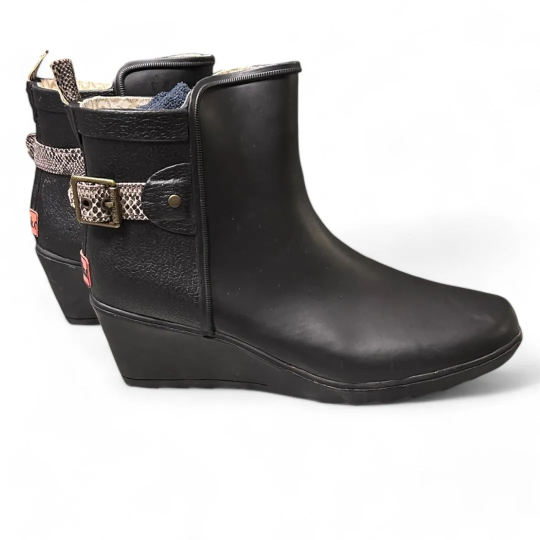 Black Wedge Rain Boots with Snake Print Strap Waterproof Ankle Booties