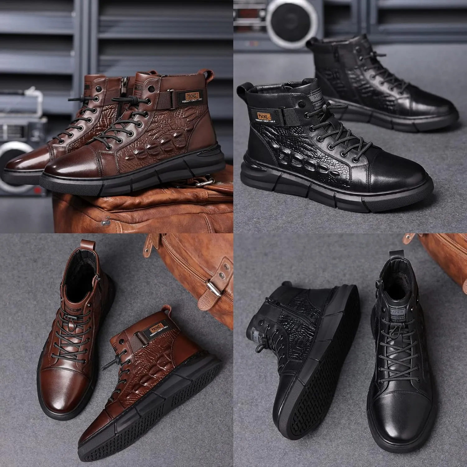 BlackeEight Men's High-top Print Casual Leather Boots,Italian Handmade Non-slip Shock-absorbing Zip Height Ankle Booties