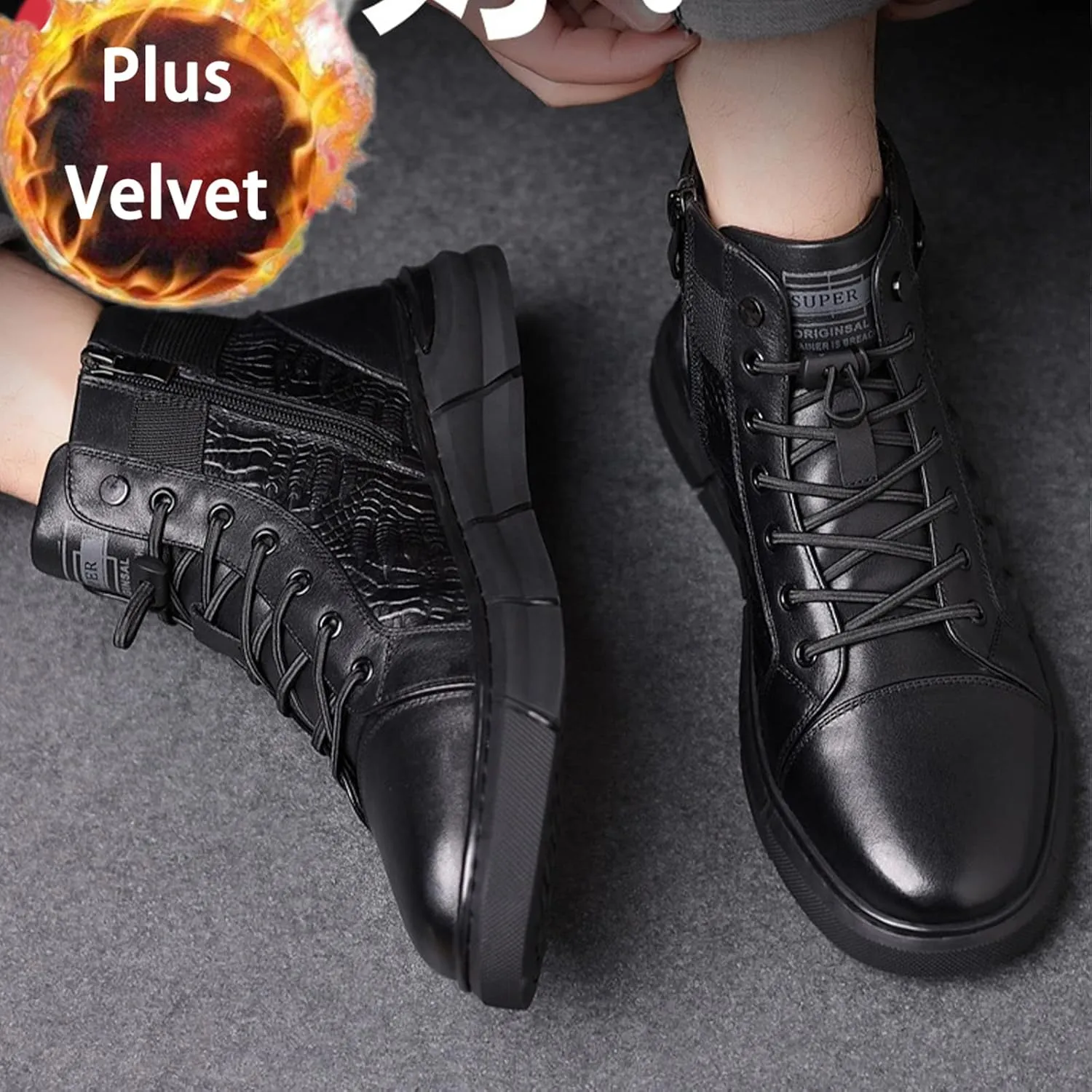 BlackeEight Men's High-top Print Casual Leather Boots,Italian Handmade Non-slip Shock-absorbing Zip Height Ankle Booties
