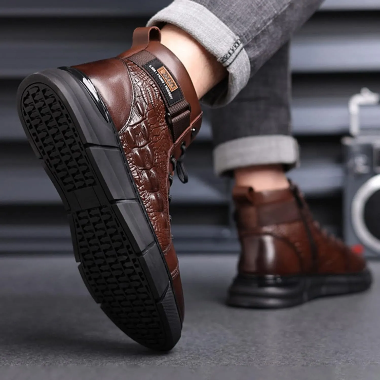 BlackeEight Men's High-top Print Casual Leather Boots,Italian Handmade Non-slip Shock-absorbing Zip Height Ankle Booties
