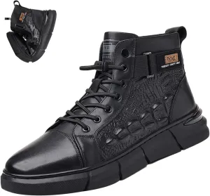 BlackeEight Men's High-top Print Casual Leather Boots,Italian Handmade Non-slip Shock-absorbing Zip Height Ankle Booties