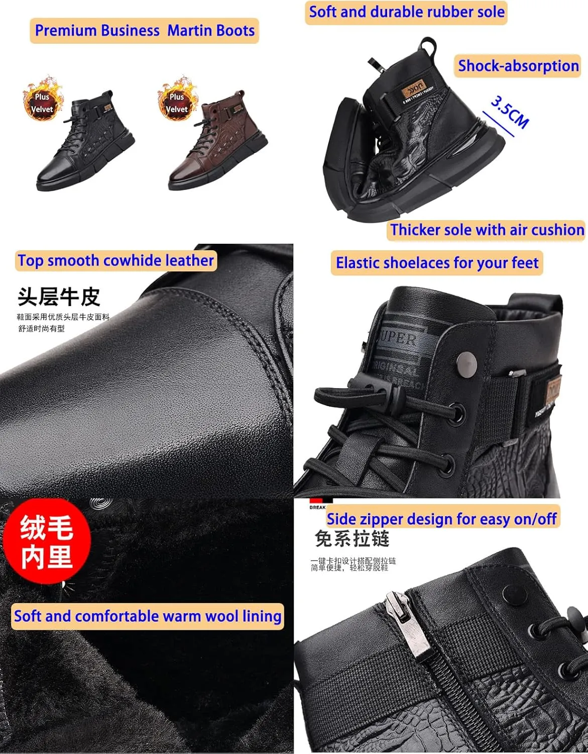 BlackeEight Men's High-top Print Casual Leather Boots,Italian Handmade Non-slip Shock-absorbing Zip Height Ankle Booties