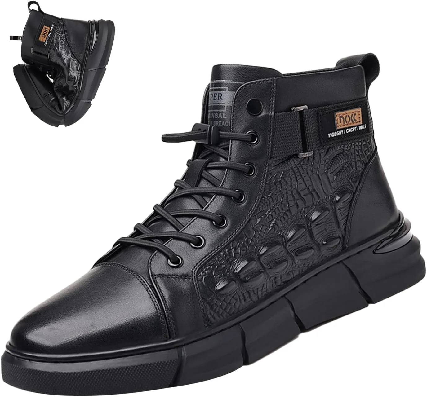 BlackeEight Men's High-top Print Casual Leather Boots,Italian Handmade Non-slip Shock-absorbing Zip Height Ankle Booties