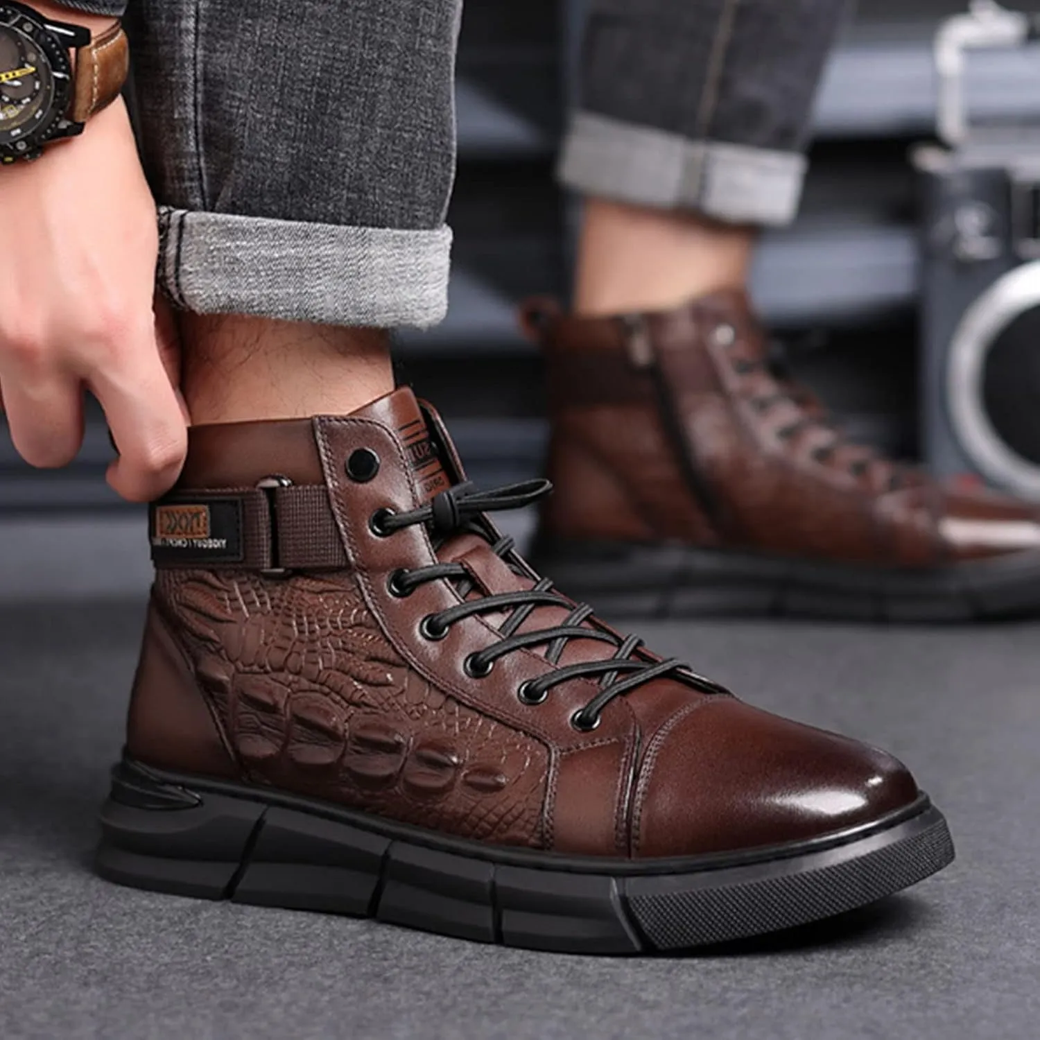 BlackeEight Men's High-top Print Casual Leather Boots,Italian Handmade Non-slip Shock-absorbing Zip Height Ankle Booties