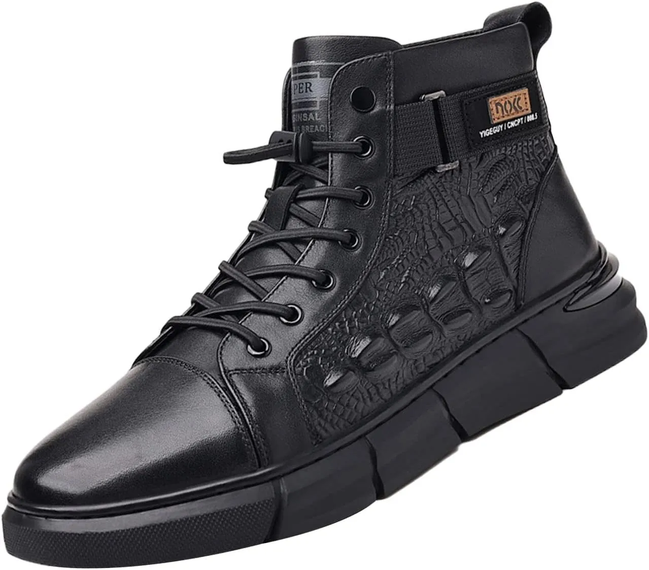 BlackeEight Men's High-top Print Casual Leather Boots,Italian Handmade Non-slip Shock-absorbing Zip Height Ankle Booties