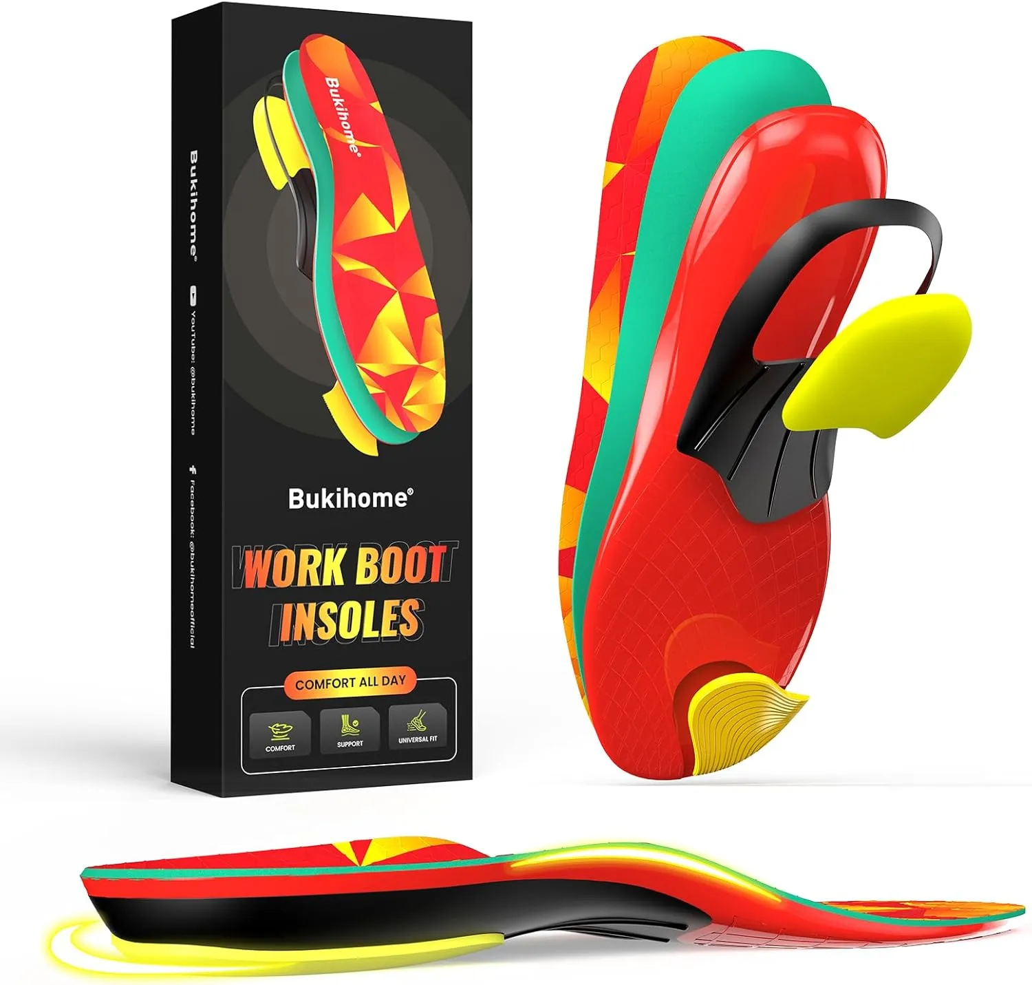Bukihome Orthotic Insoles for Plantar Fasciitis Relief - Heavy Duty Work Insoles with Anti-Fatigue Arch Support, Shock Absorption & Heel Cushion - Men Women Shoe Inserts -S
