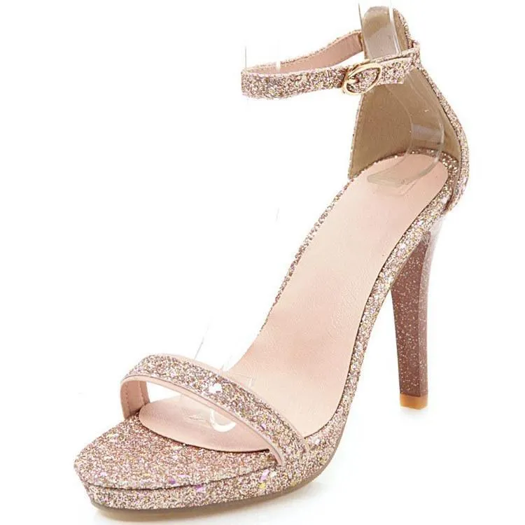 Chicvane Glittering Adjustable Ankle Strap Stiletto Heel Strappy Bridal Sandals