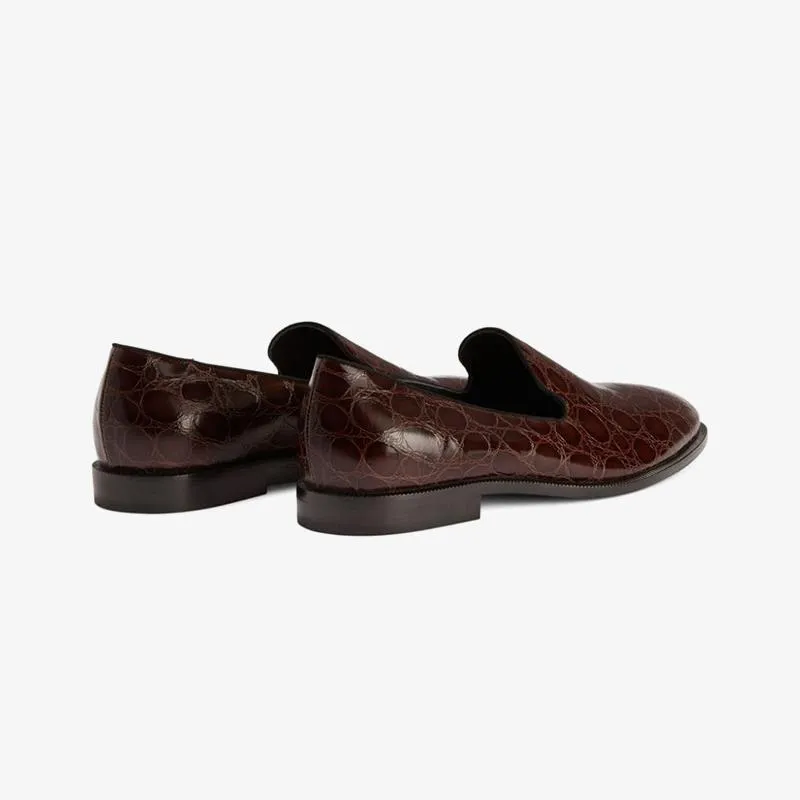 Chocolate Brown Crocodile-Embossed Leather Loafers