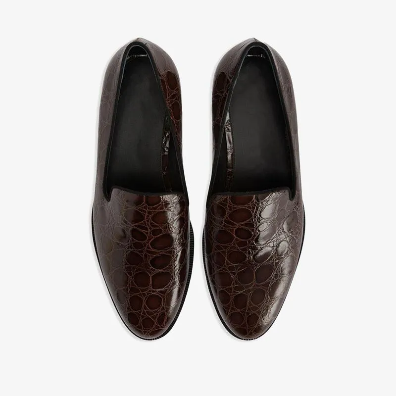 Chocolate Brown Crocodile-Embossed Leather Loafers