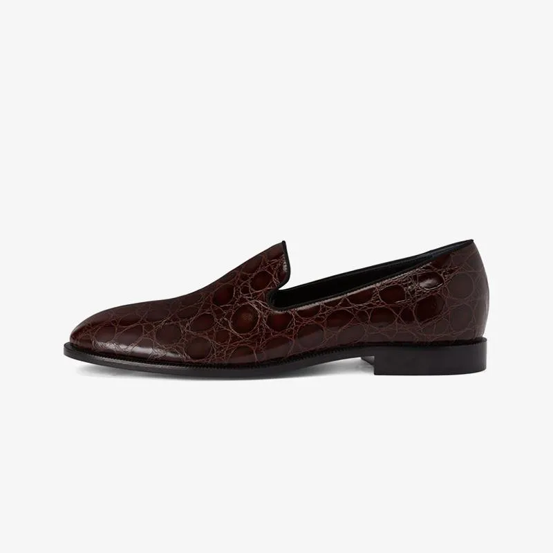 Chocolate Brown Crocodile-Embossed Leather Loafers