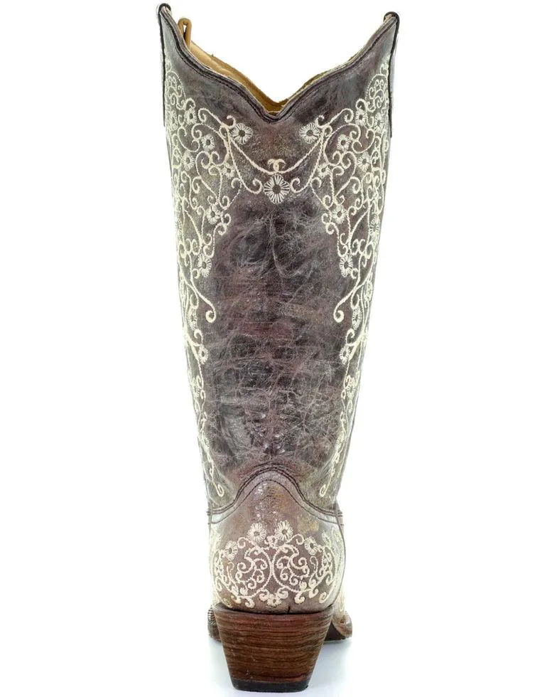 Corral Women's Brown Embroidery Snip Toe Cowgirl Boots A1094