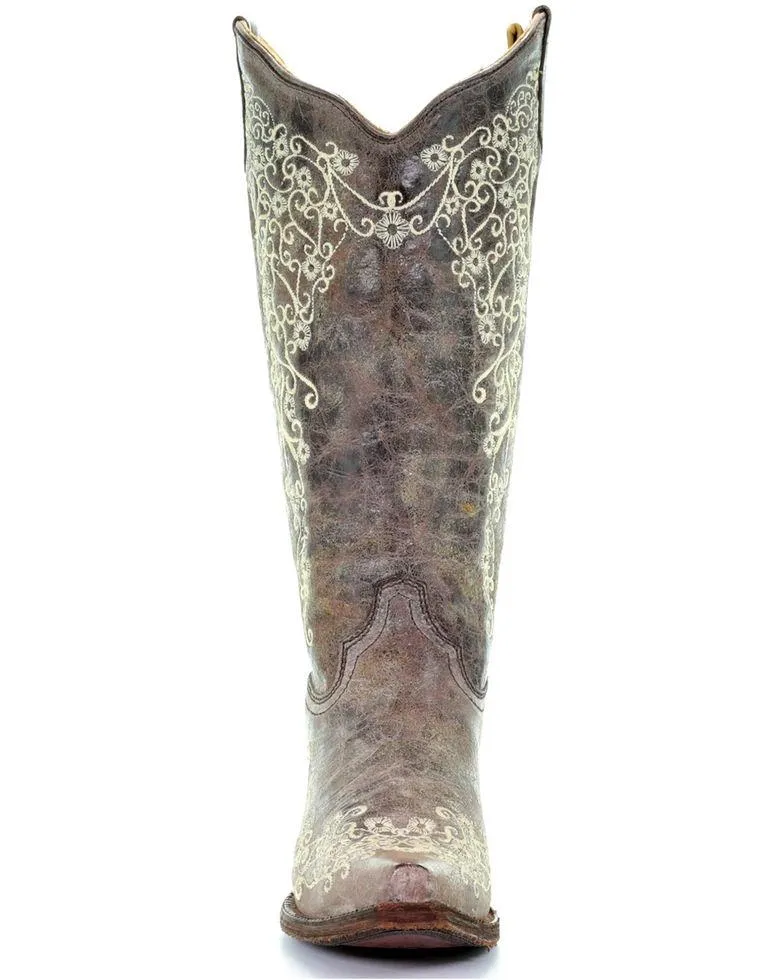 Corral Women's Brown Embroidery Snip Toe Cowgirl Boots A1094