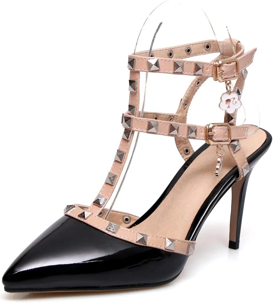 CosyFever Womens LC510 Uniform Dress Shoe Studded Fashion Dress Patent-Leather High Stiletto Heeled Sandals