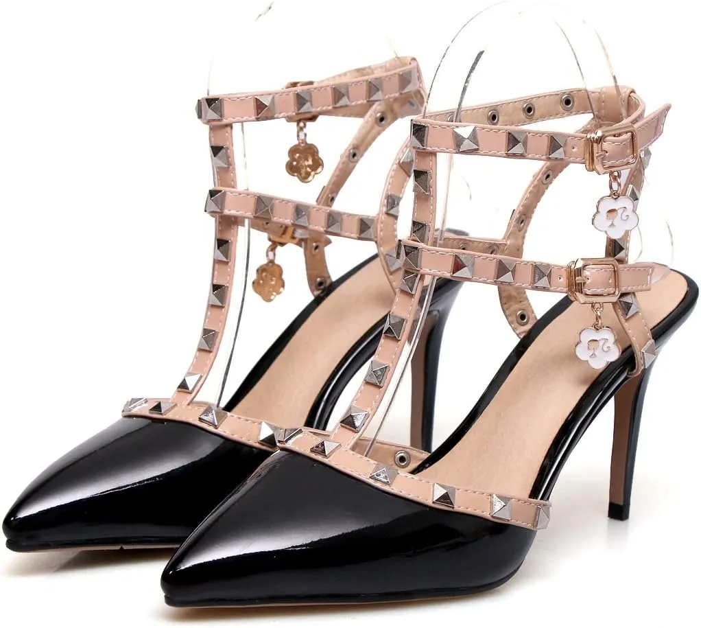CosyFever Womens LC510 Uniform Dress Shoe Studded Fashion Dress Patent-Leather High Stiletto Heeled Sandals