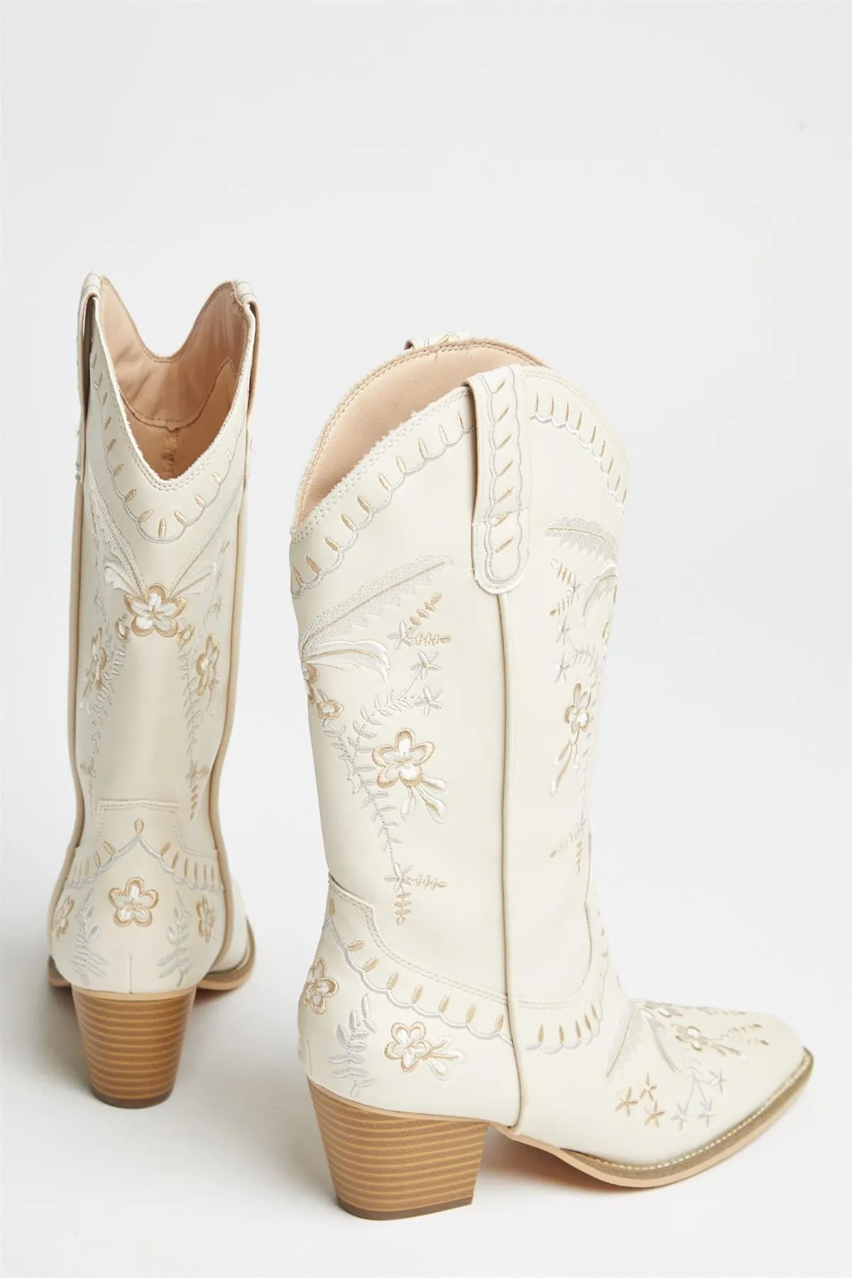 Cream Embroidered Cowboy-Boots