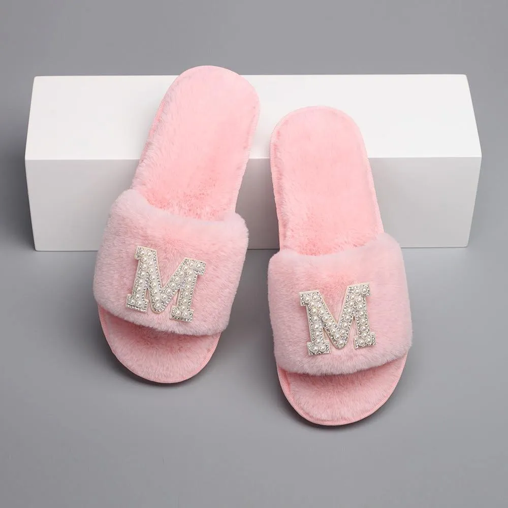 Customizable Women's Pearl Letter Decor Furry Slippers