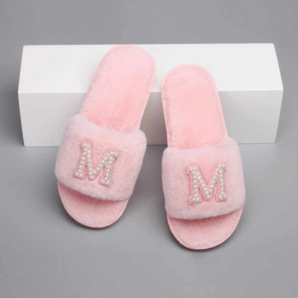 Customizable Women's Pearl Letter Decor Furry Slippers