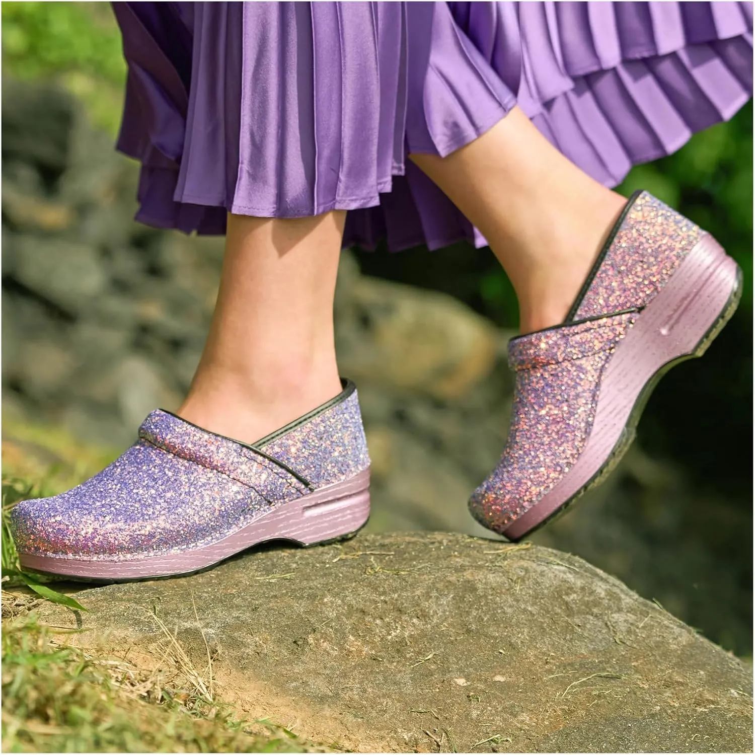 Dansko Professional Glitter Slip-On Clogs for Women - Rocker Sole and Arch Support for Comfort - Shiny and Stylish Glitter Uppers