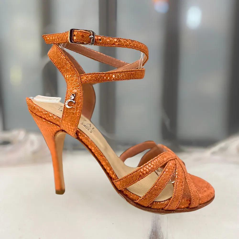 Diamante - Orange Snake Leather Tango Dance Shoes (Leather Sole)