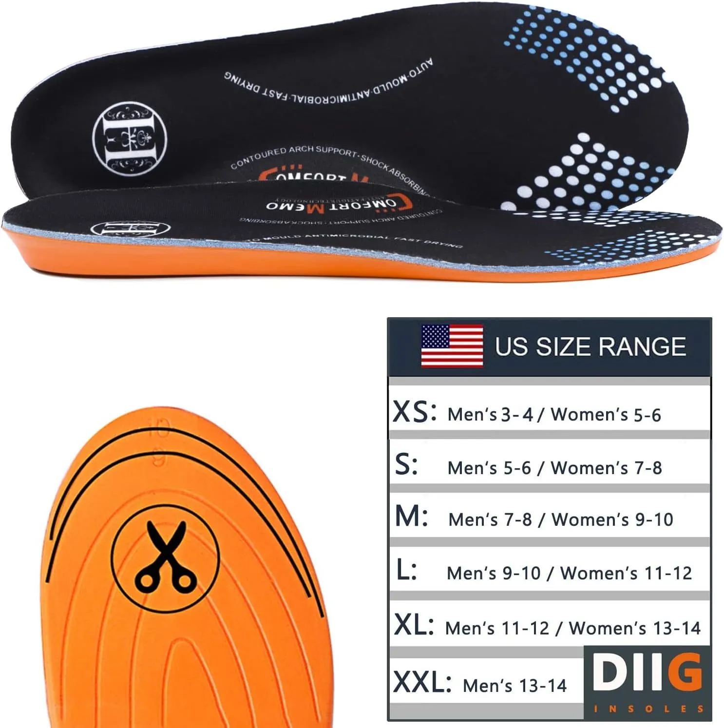 diig Shoe Inserts for Men Women, Memory Foam Orthotic Shoe Insoles Relieve Flat Feet & Heel Pain Anti-Fatigue Full-Length Work Casual Shoe Insoles