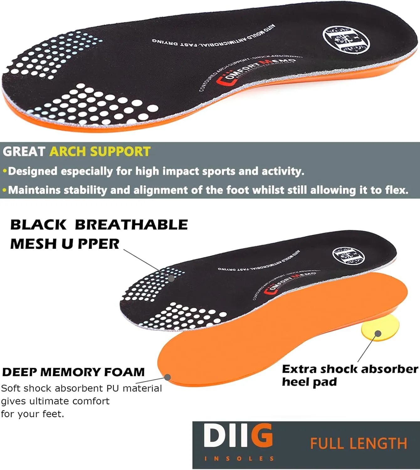 diig Shoe Inserts for Men Women, Memory Foam Orthotic Shoe Insoles Relieve Flat Feet & Heel Pain Anti-Fatigue Full-Length Work Casual Shoe Insoles