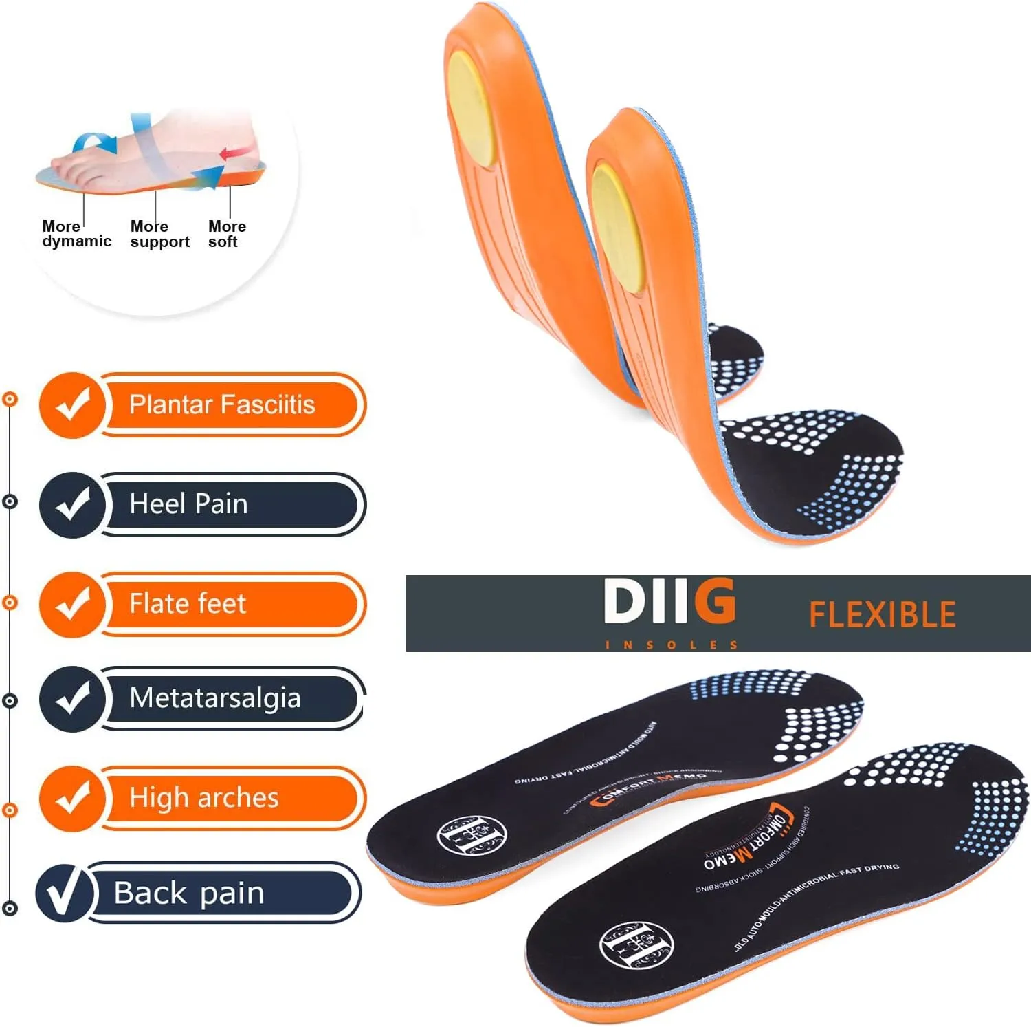 diig Shoe Inserts for Men Women, Memory Foam Orthotic Shoe Insoles Relieve Flat Feet & Heel Pain Anti-Fatigue Full-Length Work Casual Shoe Insoles
