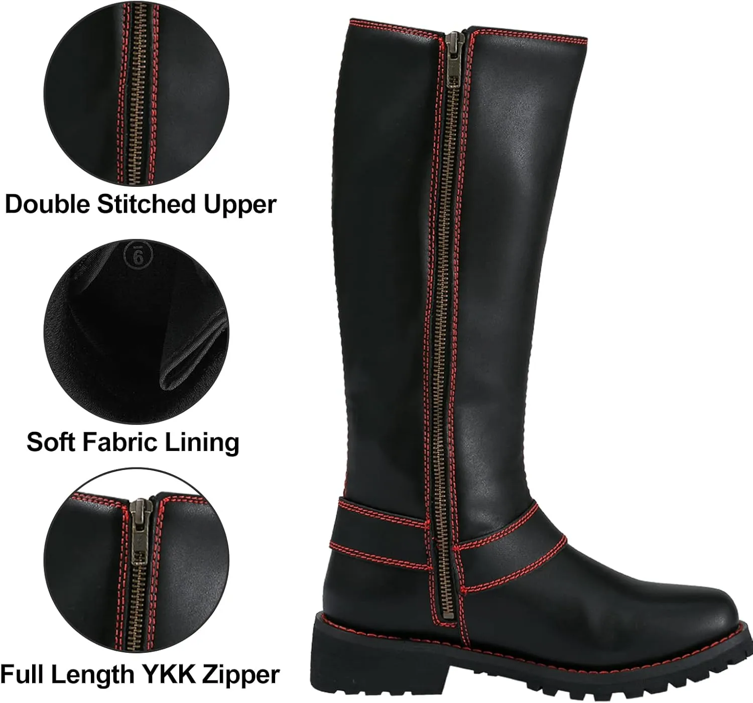 Dream Apparel Women's Harness Motorcycle Riding Boots Square Toe Biker Boots, Lace Up Knee High Boots with Side Zipper, Black PU Leather Boots Ladies