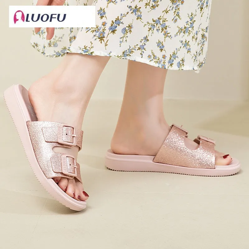 Fashionable Outdoors Slide Sandals for Women, Buckle Decor Plain Jelly Open Toe Footbed Sandals