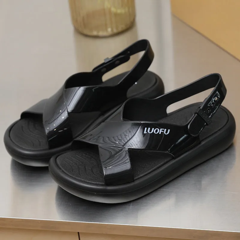 Fashionable Outdoors Slide Sandals for Women, Buckle Decor Plain Jelly Open Toe Footbed Sandals