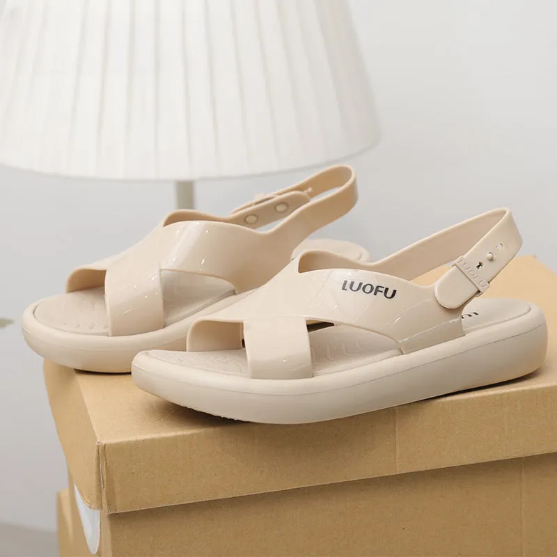 Fashionable Outdoors Slide Sandals for Women, Buckle Decor Plain Jelly Open Toe Footbed Sandals