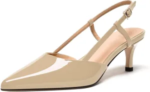 FEMSTEP Womens Dress Slingback Patent Leather Dating Pointed Toe Buckle Kitten Low Heel Pumps Shoes 2 Inch