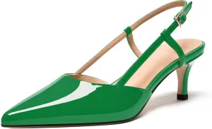 FEMSTEP Womens Dress Slingback Patent Leather Dating Pointed Toe Buckle Kitten Low Heel Pumps Shoes 2 Inch