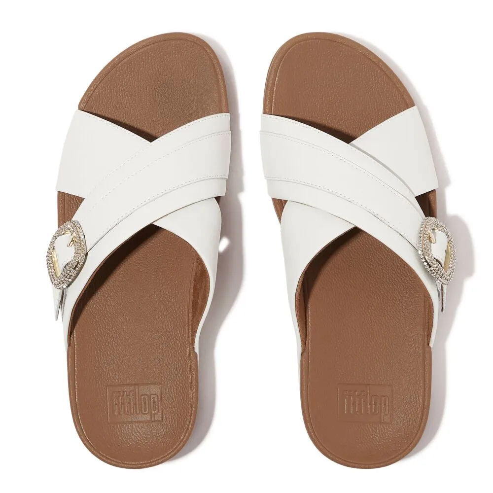 FitFlop Lulu Crystal Buckle Leather Cross Slides Sandals - Urban White