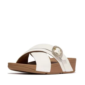FitFlop Lulu Crystal Buckle Leather Cross Slides Sandals - Urban White