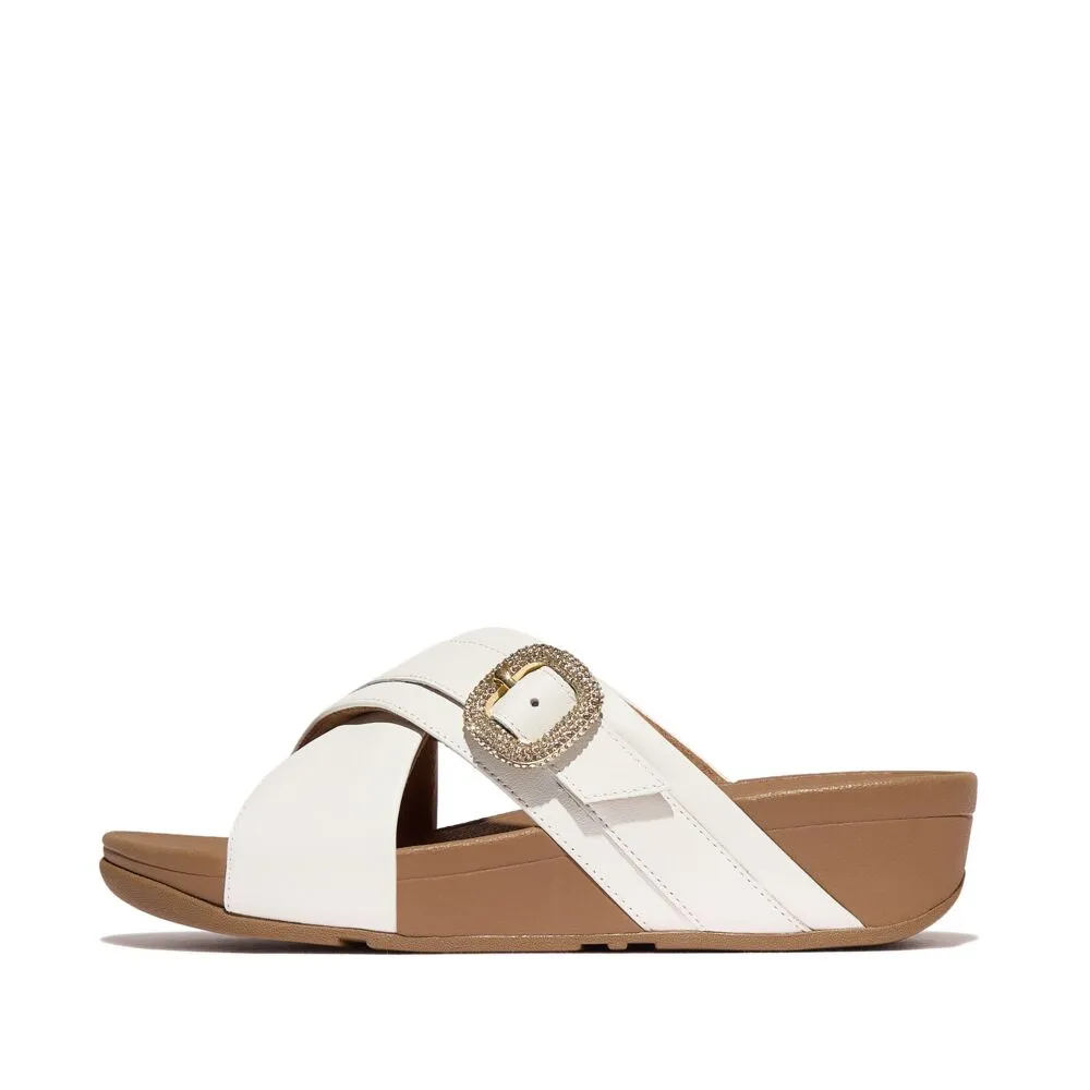 FitFlop Lulu Crystal Buckle Leather Cross Slides Sandals - Urban White