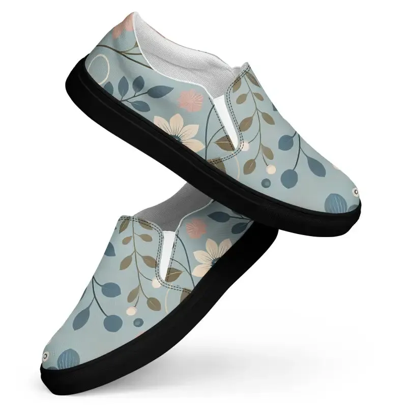 Floral Teal Women's Slip on Canvas Shoes