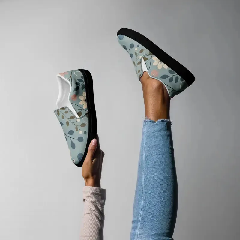 Floral Teal Women's Slip on Canvas Shoes