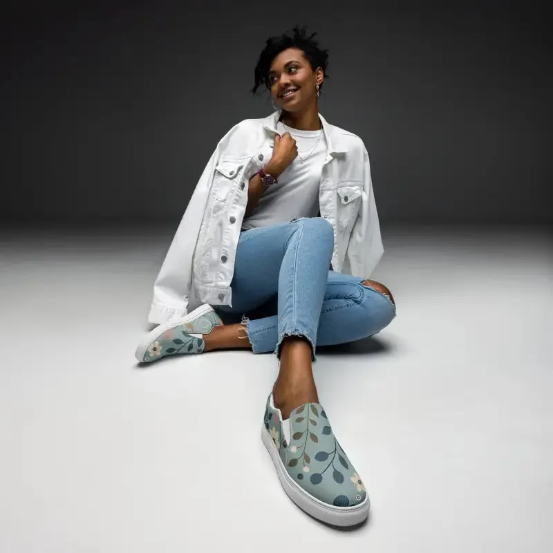 Floral Teal Women's Slip on Canvas Shoes