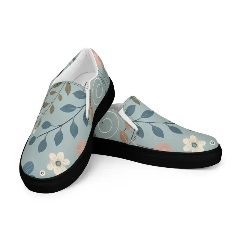 Floral Teal Women's Slip on Canvas Shoes