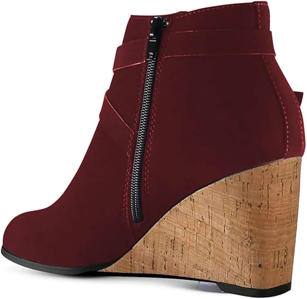 FOWT Women Round Toe Ankle Boots Side Zipper Wedge High Heel Booties Metal Buckled Warm Fashion Outdoor Dress Shoes Size 4-16 US