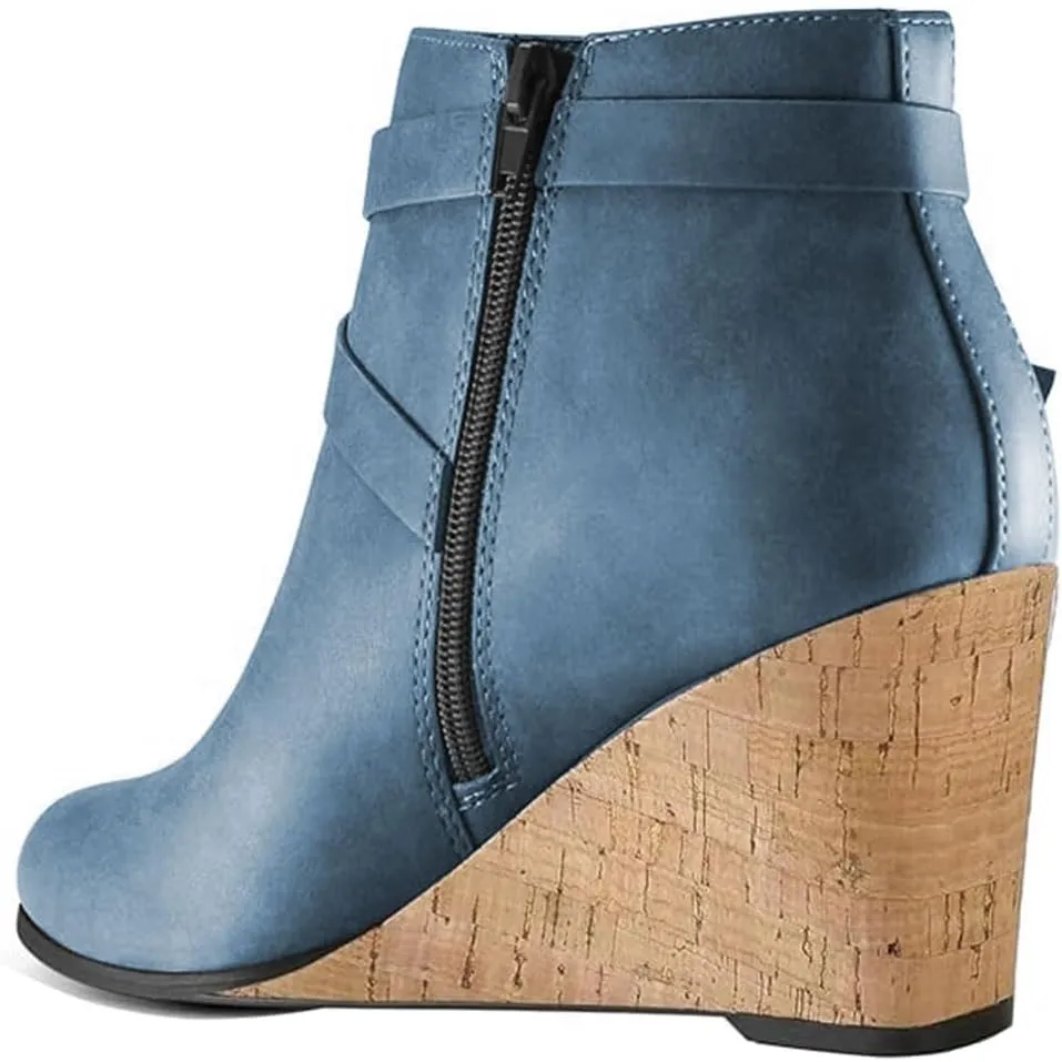 FOWT Women Round Toe Ankle Boots Side Zipper Wedge High Heel Booties Metal Buckled Warm Fashion Outdoor Dress Shoes Size 4-16 US