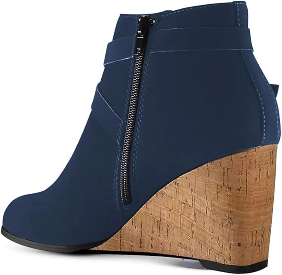 FOWT Women Round Toe Ankle Boots Side Zipper Wedge High Heel Booties Metal Buckled Warm Fashion Outdoor Dress Shoes Size 4-16 US