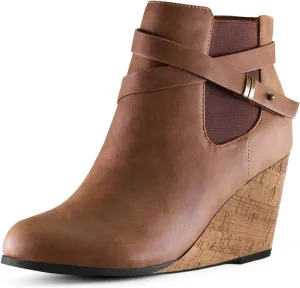 FOWT Women Round Toe Ankle Boots Side Zipper Wedge High Heel Booties Metal Buckled Warm Fashion Outdoor Dress Shoes Size 4-16 US