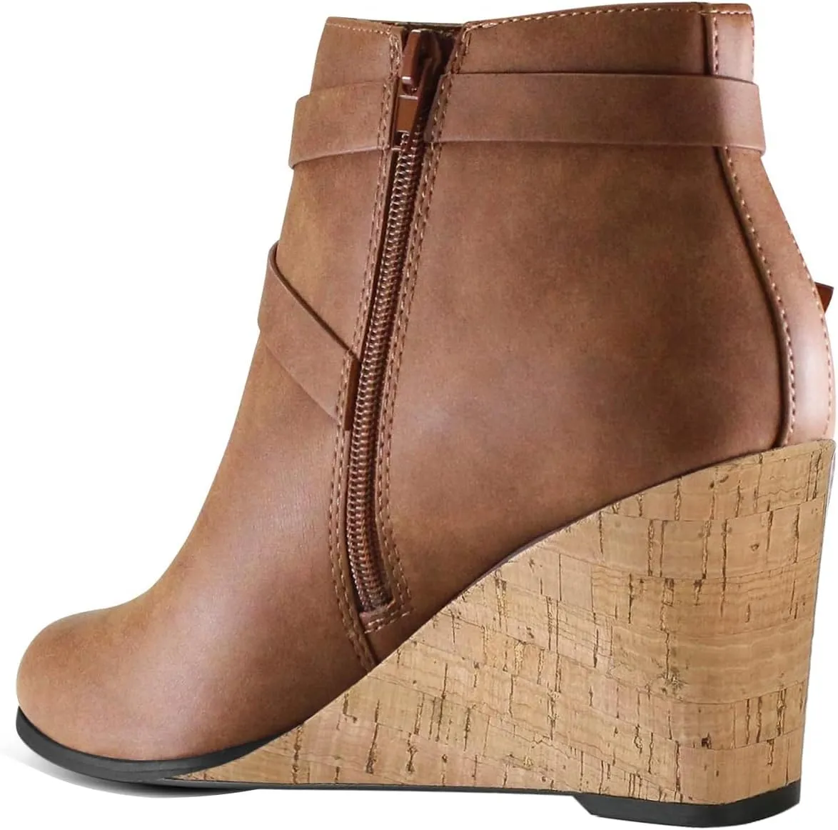 FOWT Women Round Toe Ankle Boots Side Zipper Wedge High Heel Booties Metal Buckled Warm Fashion Outdoor Dress Shoes Size 4-16 US