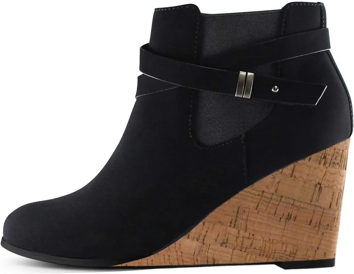 FOWT Women Round Toe Ankle Boots Side Zipper Wedge High Heel Booties Metal Buckled Warm Fashion Outdoor Dress Shoes Size 4-16 US